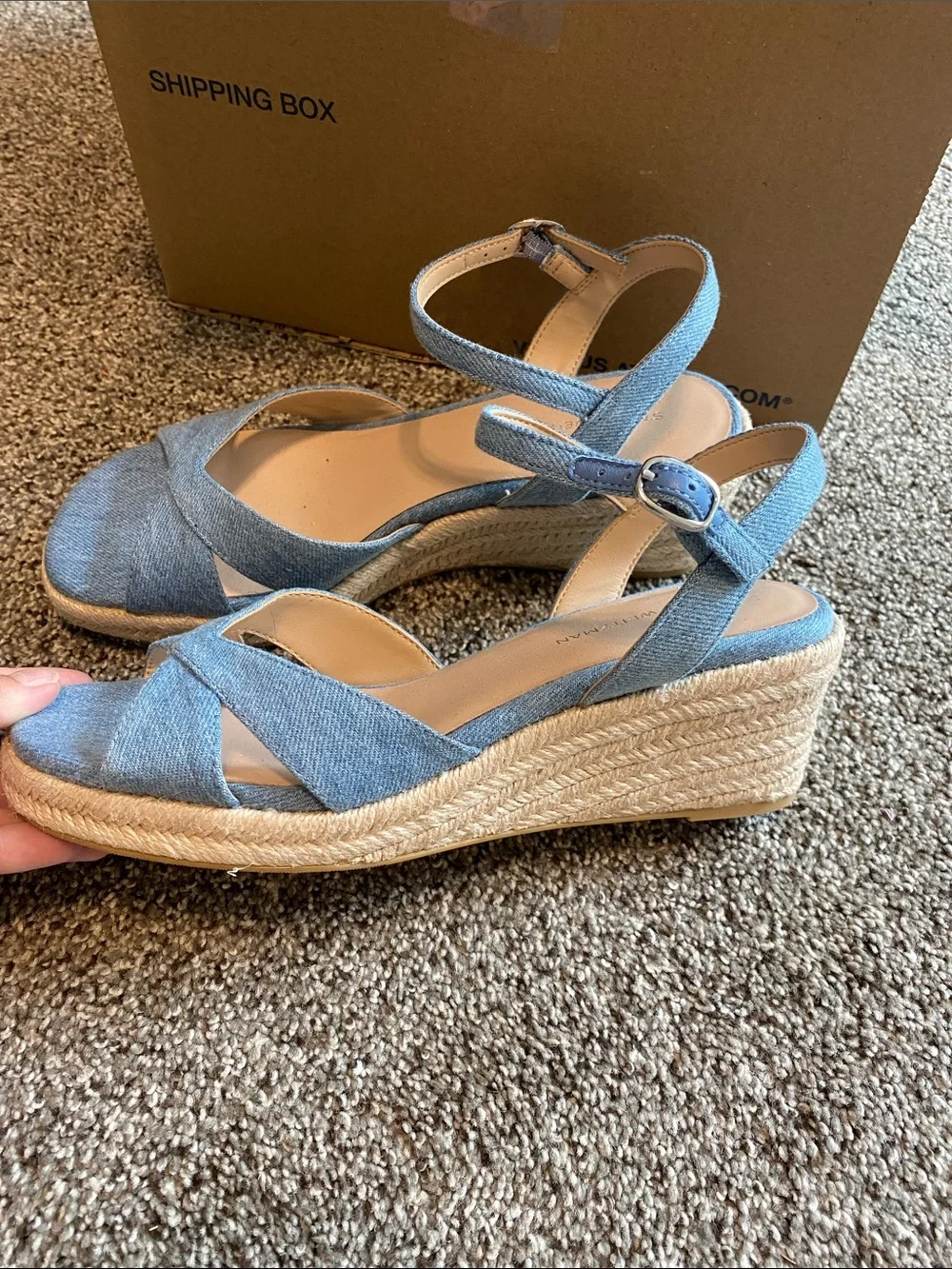 Stuart Weitzman Denim Blue Crisscross Espadrille Wedge Sandals
